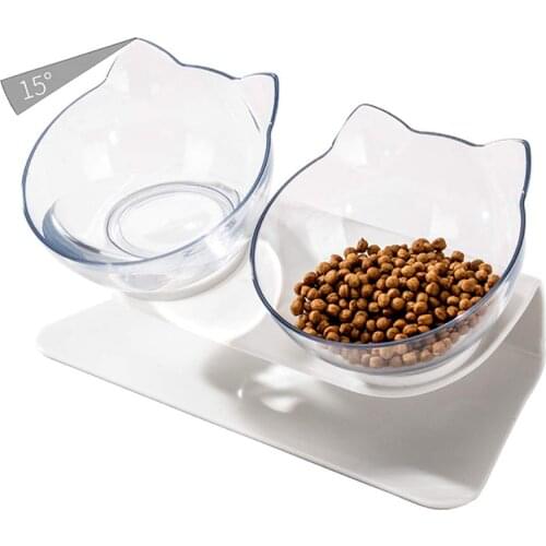 Double Dog Cat Bowls with Raised Stand 15 Degree Tilted Design Neck Guard Stand Raised Pet Food Water Feeder Bowl for Cats Dogs
