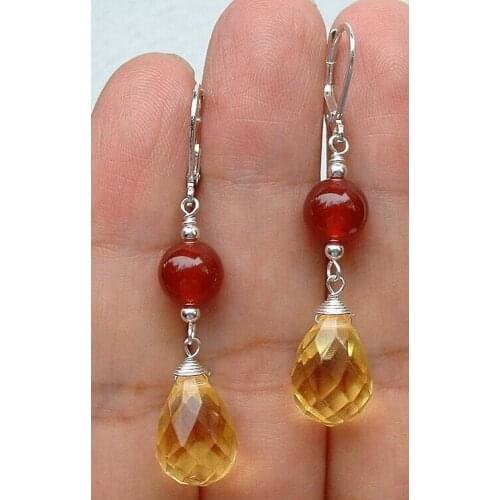 Hot sell new - wb003 New Faceted Citrine Quartz W. Red Carnelian Sterling Silver Earrings 5.3