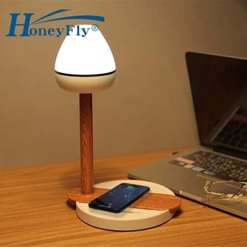 HoneyFly LED Wireless Charging Table Lamp Dimmable Wood Grain USB Multifunction Eye Production Desk Light Phone Pad Charging