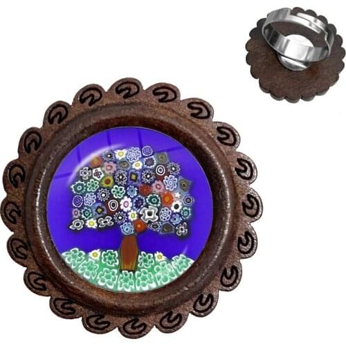 Tree Of Life Rings Murano Millefiori 20mm Glass Cabochon Adjustable Wood Rings Jewelry For Women Men Gift Wholesale