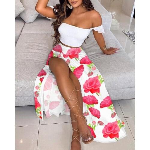 Summer Off Shoulder Floral Print Women Boho Clothing Outfits Sets Sexy White Crop Top And High Slit Maxi Skirt Two Pieces Suits