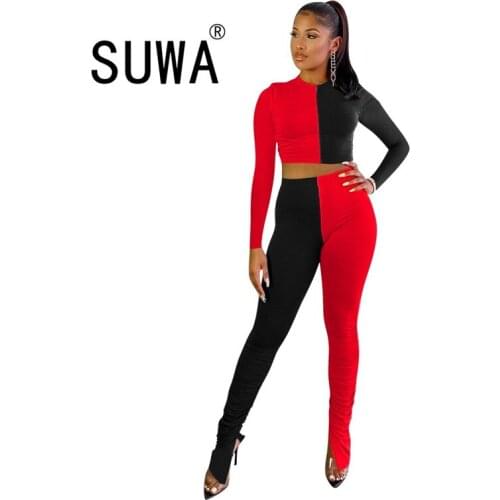 Contrast patchwork tracksuit women two piece set long sleeve crop top + high waist sport pants sweatpants lounge wear streetwear