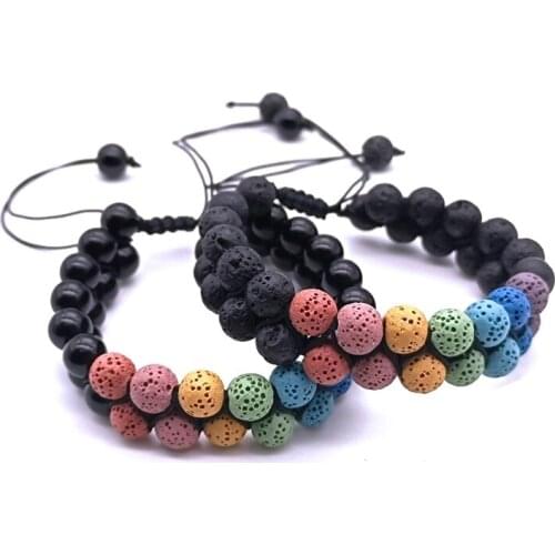 Lava stone Seven Chakras Double Braided Hand String Bracelet synthetic Beads Adjustable Wristband Women Men Jewelry New Hit
