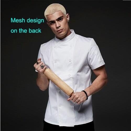 Summer chef clothing chef jacket male chef white shirt restaurant uniform barber shop work clothes back breathable mesh design