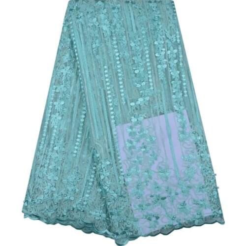 2018 Best Selling Beaded Lace Fabric In Teal Color With Sequins Embroidered African Tulles Lace Fabric For Nigerian Wedding 1245