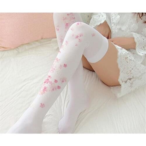 Sweet Lolita long Velvet Print pink Floral Stockings Japanese Kawaii socks D076