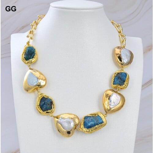 GuaiGuai Jewelry Natural Pearl Cultured White Heart-Shaped Pearl Blue Apatite Gold Color Chain Chokers Necklace For Women