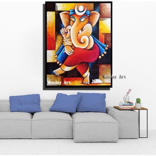 Handpainted Canvas portrait oil painting Wall Art Elephant Trunk God Paintings Modular Ganesha painting for Living Room decora