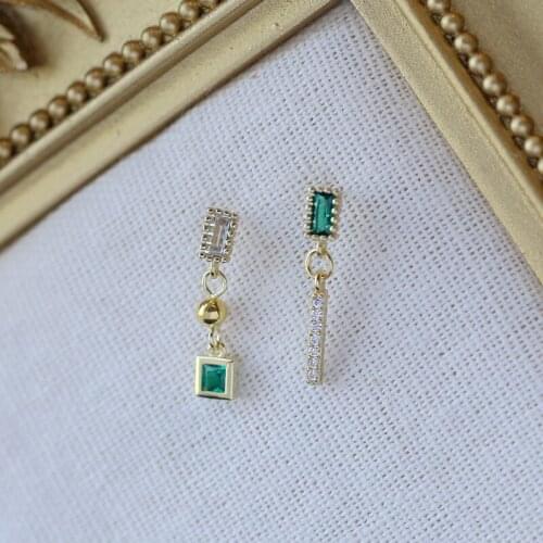 Square Crystal Small Zircon Stud Earrings Cute Female Green Stone Earrings 925 Sterling Silver Gold Earrings For Women Wedding