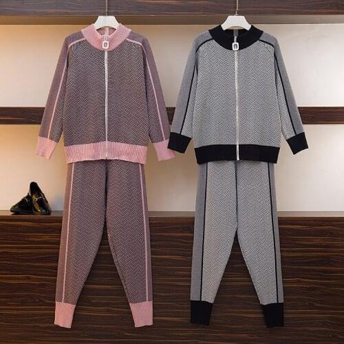 High Quality Women Knitted Tracksuit Sets Fall Winter Zip Striped Sweater Coat Two Piece Set And Elastic Waist Pencil Pants Suit