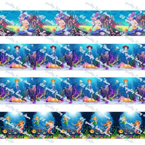 WL 7/8' Blue Theme Mermaid Printed Grosgrain Ribbon Girly Hair Accessories Bow Party Decoration Bow Gift Packaging 50 Yards