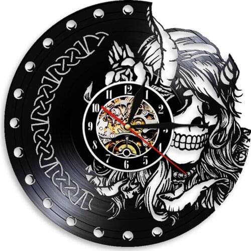 Mysterious Norse Magick Vinyl Record Wall Clock Beauty Female Viking Skull Head Lovely Skeleton Girls Retro Wall Light Watch
