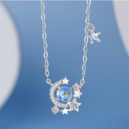 925 Sterling Silver Link Chain Star Moon Bead Charm Necklace For Women Creative Link Chain Pendant Elegant Party Jewelry dz703