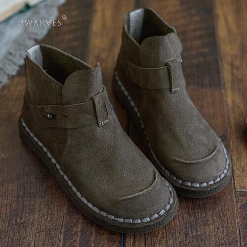 2020 Handmade Soft Leather Ankle Boots Retro Round Toe Short Boots Women Flats Boots Coffee/Khaki/Gray