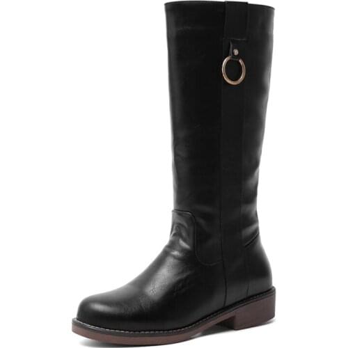 QPLYXCO 2020 Plush warm Knee Boots Winter Women Square Heel Chelsea Boots Leather Med Heel Shoes Female Plus size 34-43 X9-33