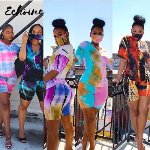 Women Tie Dye Print 3 Pieces Sets Tracksuits Short Sleeve T-Shirt Shorts Masks 3 pcs Suit Night Fitness Sporty Shorts Outfits
