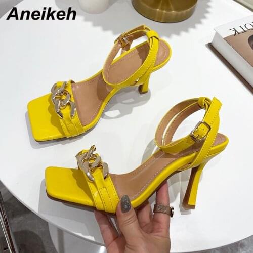 Aneikeh Summer 2021NEW Women Shoes Thin Heels Pumps PU Sandalias De Las Mujeres Party Buckle Strap Metal Decoratio Elegant Solid