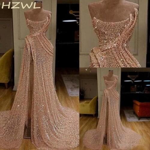 2020 Pink Sexy Side High Split Lace Long Prom Dresses Strapless A Line Evening Gowns Vestidos de fiesta