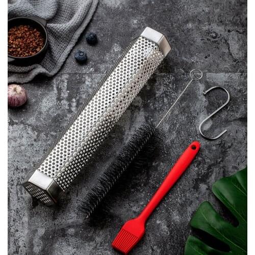 BBQ Smoker Tube Stainless Steel Grill Hot Cold Smoking Mesh Tube Generator BBQ Smoker With Brush Set Kitchen Accessories Tools