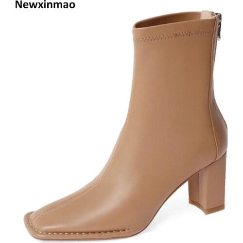 2021 New Zipper Womens Boots Genuine Leather Square Toe Shoes Woman High Heels Autumn Winter Office Lady Party Ankle Boots
