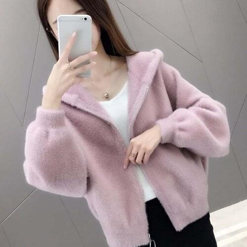 2021 Women Autumn Winter Imitation Mink Cashmere Coat Lady Loose Oversize Short Cardigan Female Casual Plush Knit Outerwear L120