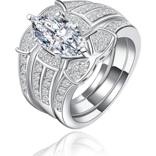 3pc ring set women wedding ring lady jewelry vintage large luxury jewellery CZ Crystal silver color ring set