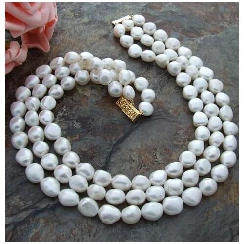 Free P&P *****Genuine 3row 8-10mm white baroque pearls necklace 14k clasp