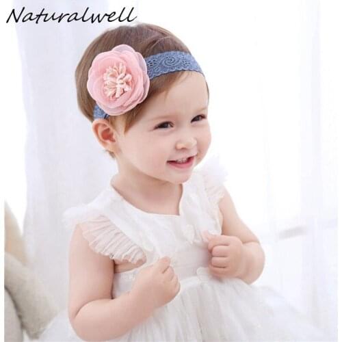 Naturalwell Little girls flower headband Newborn hair flower on lace band Children girl hair bows Kids lace hair band HB067