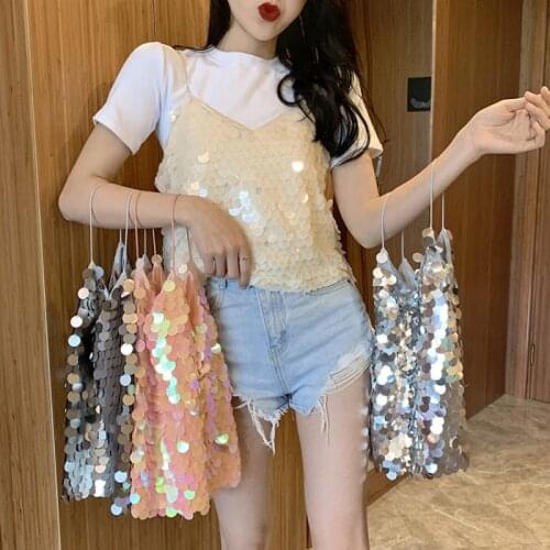 Summer Sexy V-Neck Sequined T-Shirts Ladies Club Short Tees Fashion Women High Quality Sleeveless Vest Tops Solid Clothes Female