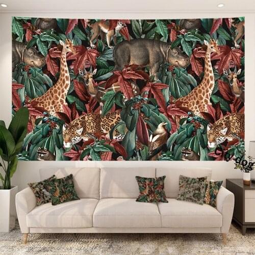 Southeast Asian style Tapestry Green PLANT tropical leaves animal flamingo kangaroo giraffe hippo leopard Art Linen tapestry