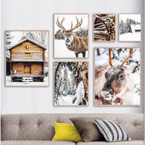 Deer Wood Chalet Pine Tree Snow Winter Wall Art Canvas Painting Nordic Posters And Prints Wall Pictures For Living Room Decor