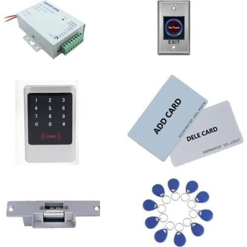 Access control kit,metal standalone access control+ power+ strike lock +exit button+ 10 keyfob ID tags,sn:Tset-1