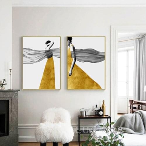 Creative Geometric patchwork a beautiful woman yellow skirt modern decorative Picture Canvas Wall Art Poster for room hotel deco