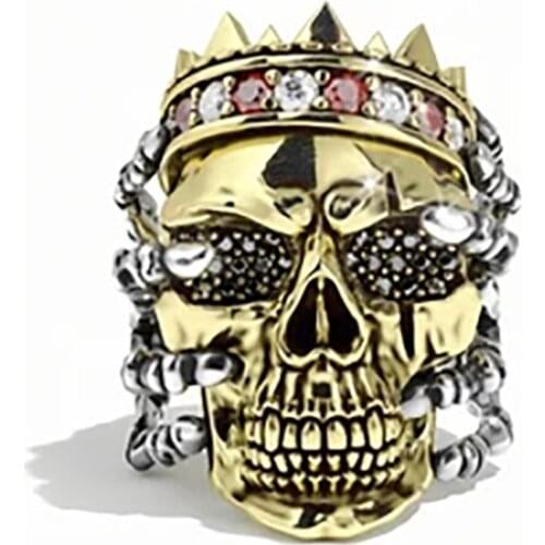 Megin D Gold Plated Punk Skull Crown Luxury Crystal Vintage Rings for Women Men Couple Friends Gift Fashion Jewelry Bague Anel