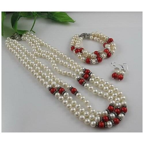 3rows Red Corals White Freshwater Cultured Choker Necklace For Girl Real Pearl Necklace Bracelet Earrings Jewelry Set