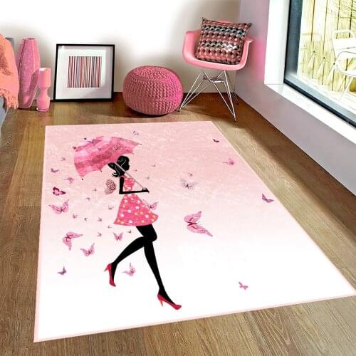 Pembe Çocuk Odası Halısı kız pembe şemsiye elbise kelebek böcek beyaz pembe renkli halı