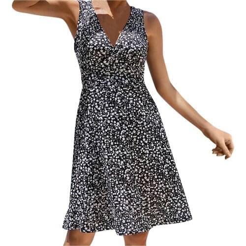 Plus Size Dresses For Women 2021 Ladies Sexy V-neck Mid-waist Floral Lace-up Sleeveless Vest And Swing Dress Vestido De Mujer