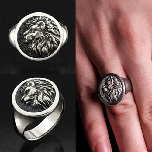 Gu Li Punkboy Popular Style Silver Color Round Shaped Craved Domineering Lion King Head Animal Metal Ring For Men Party Jewelry