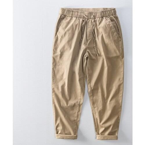 Casual Safari Style Straight Pants for Men Midweight Loose Daily Trouser 97% Cotton Male Drawstring Pants