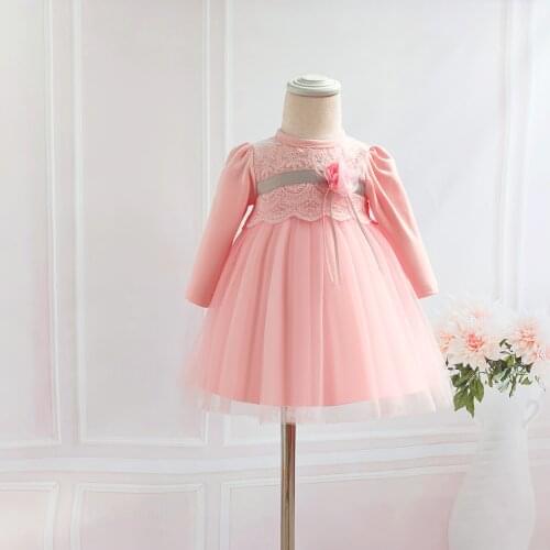 Pink Lace Baby Girl Dress for Wedding Party Baptism Long Sleeve Christening Dresses Infant Newborn 1 Years Birthday Gowns