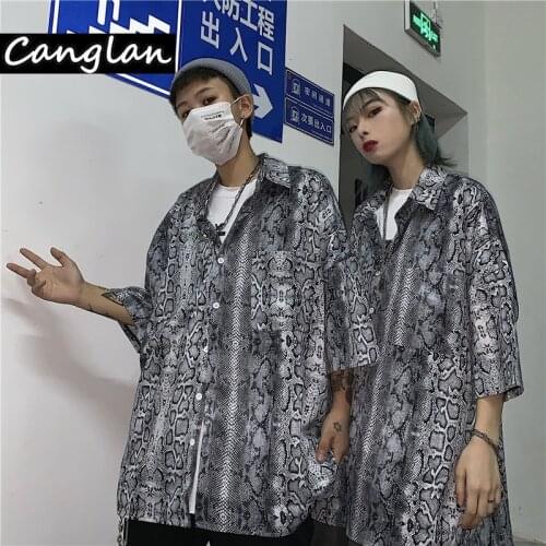Oversized Men Women Vintage Snake Print Shirt Button Up Shirt Big Plus Size Streetwear Long Loose Short Sleeve Gothic Goth