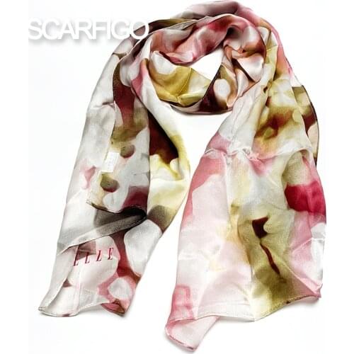 SCARFIGO 170*58CM Pink Floral Long Silk Scarves Womens Bandana Ladies Elegant Scraves Pareo Beach