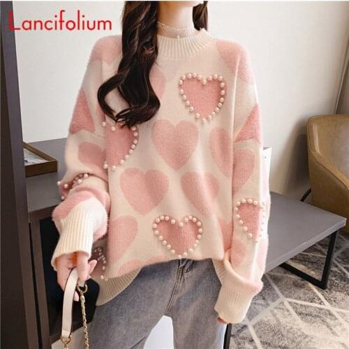 Harajuku Heart Sweater Women Autumn Fall Winter Long Sleeve Oversized Knitted Sweater Beading Cute Korean Elegant Pink Pullover