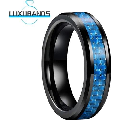 Tungsten Wedding Rings For Women Men 6MM Blue Carbon-Fiber Inlay Black Beveled Edges Polished Finished Comfort Fit