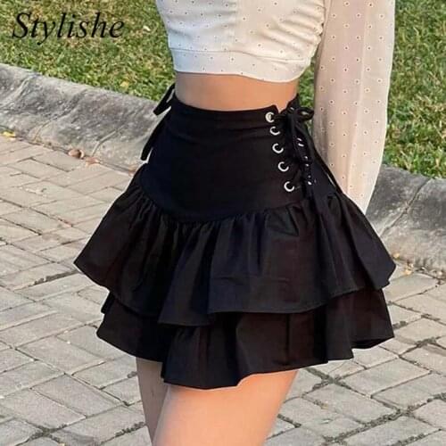 Gothic Layers Lace Up Mini Skirts Women Black Y2K Ruffle A Line Adjustable High Waist Bandage Skirts Girls Sexy Clubwear Summer