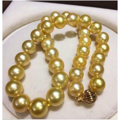 Jewelry Huge 12-14mm genuine natural south sea gold pearl necklace
