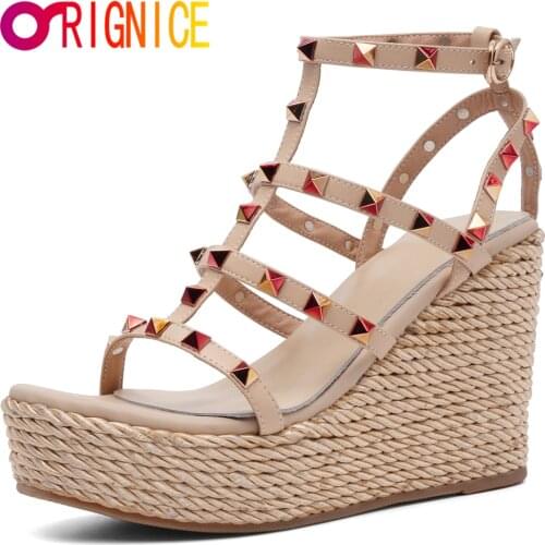 Orignice Brand Design Women Cow Leather Sandals Platform Wedges Buckle Strap Rivet Fashion Street Summer Shoes Handmade For Lady