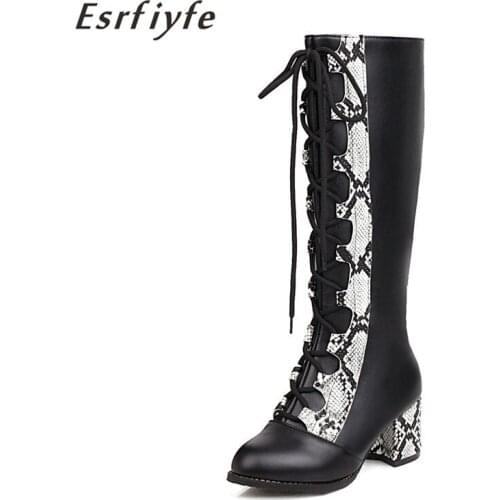 ESRFIYFE Autumn Winter Women Knee High Boots Snakeskin Grain New Fashion Pu Leather Women Shoes Round Toe High Heel Shoes Black