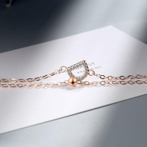 Womens Simple Style Two Row Link And Chain Bracelets Letter D Shiny Micro Crystal Pave Rose Gold Charming Bracelet Jewelry Gift
