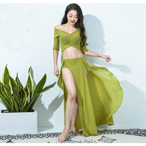 Bellydance Off Shoulder Gauze Perspective Sexy Belly dance Placketing skirt 2pcs set for women performance wears costumes ZM269